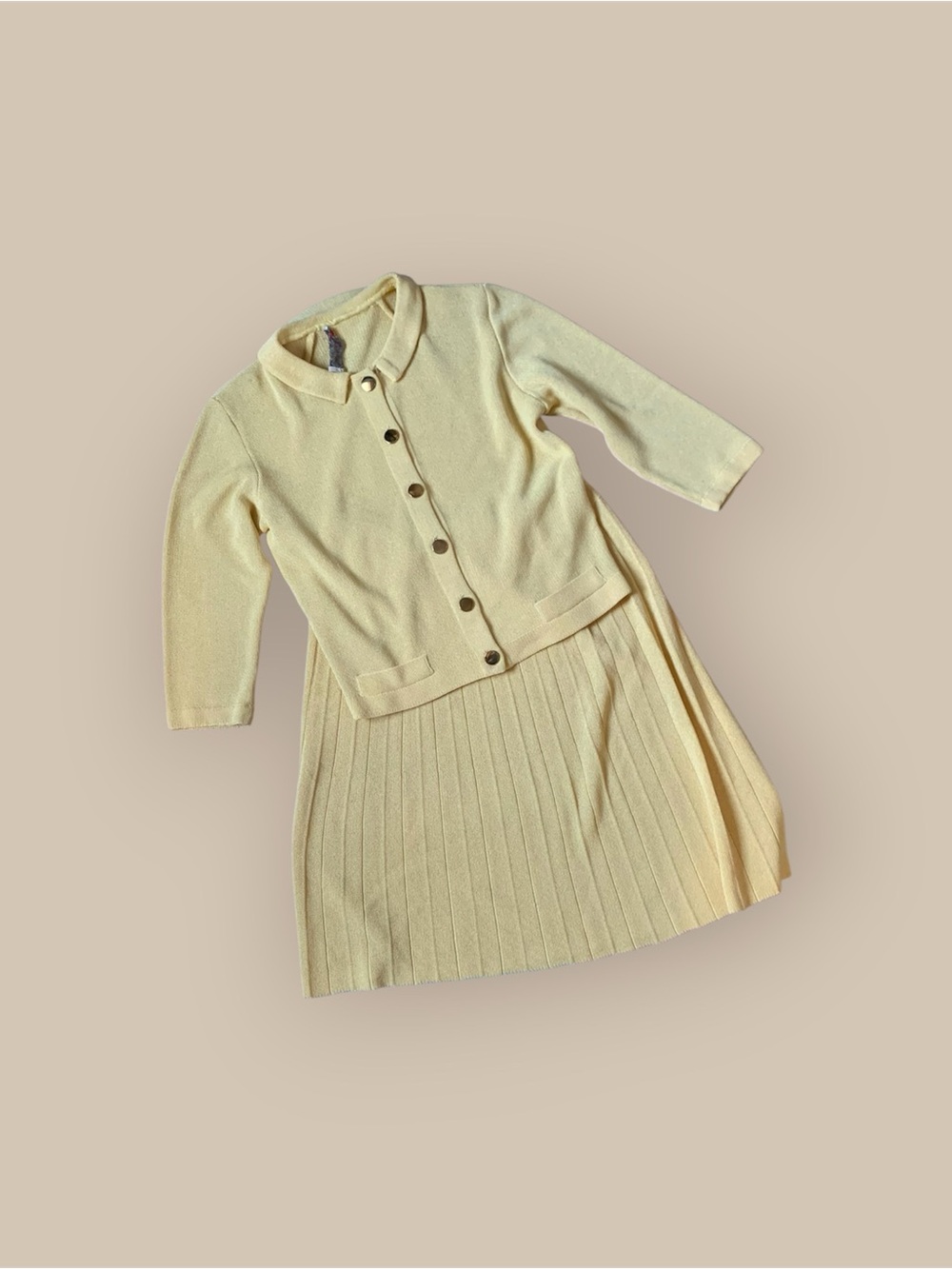 Vintage butter yellow Knit Skirt Set - Classic Button Cardigan & Pleated Skirt
